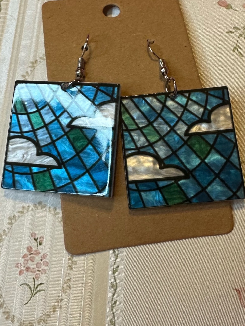 Blue Green Stained-Glass Cloud Square Drop Earrings